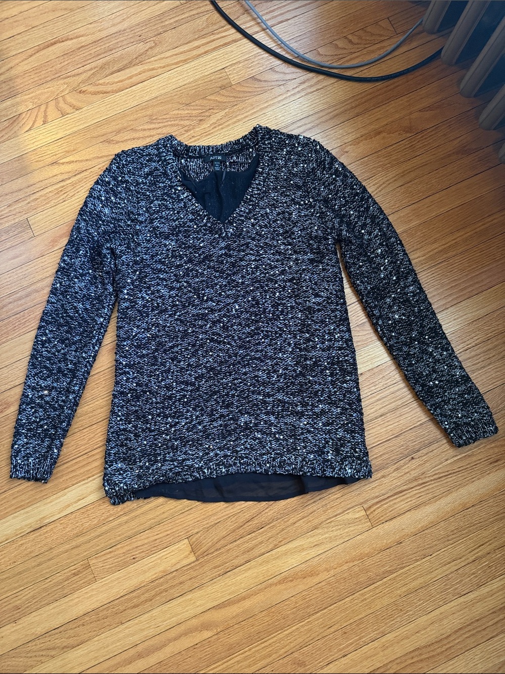 Apt. 9 Black & Silver Sequin Marled V-Neck Sweater with Sheer Hem Panel